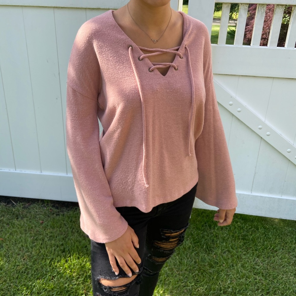 Forever 21 Pink Bell sleeve lace up top